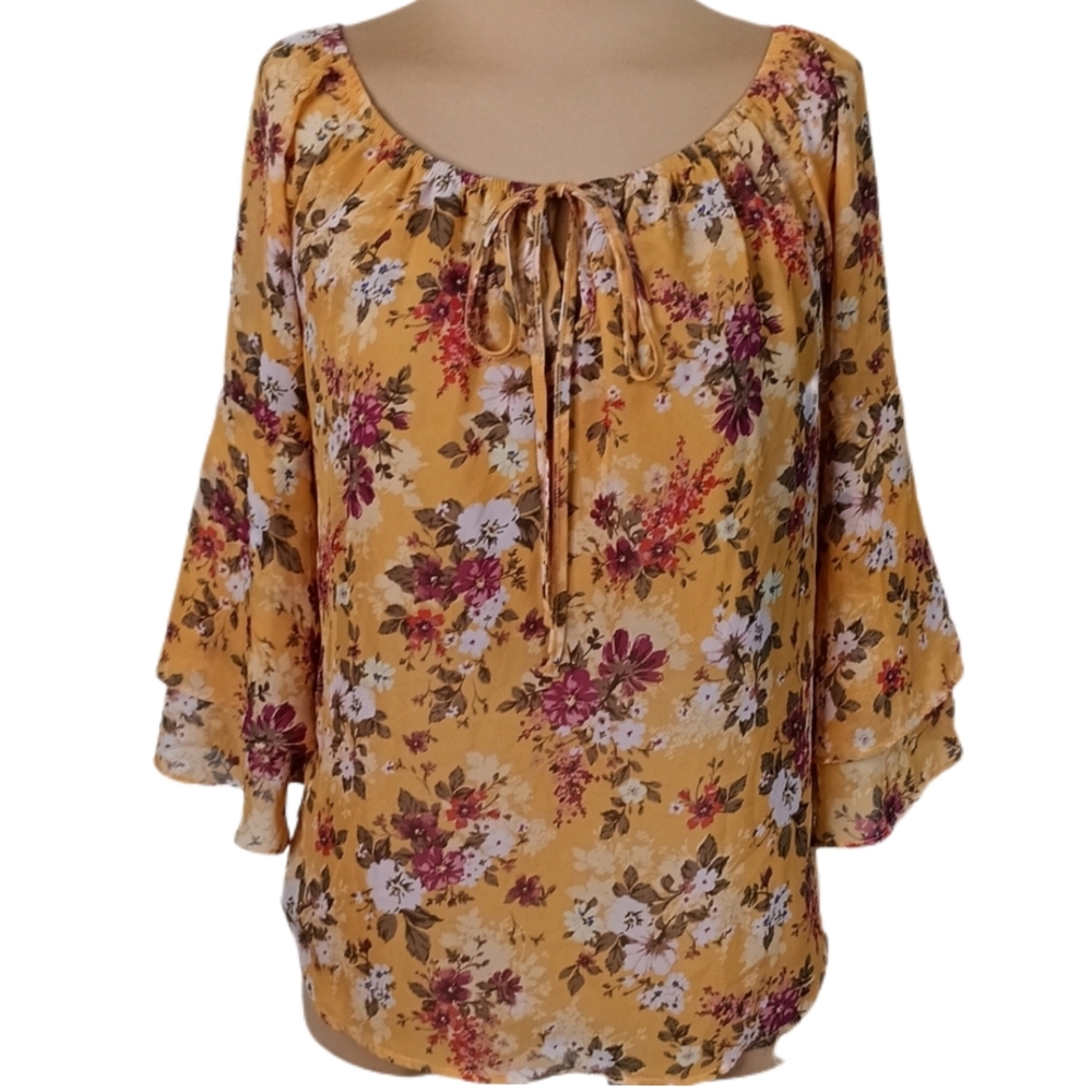 Pink Rose Blouse‎ Top Womens M Yellow Mustard Floral Cottage Boho Bell Sleeve